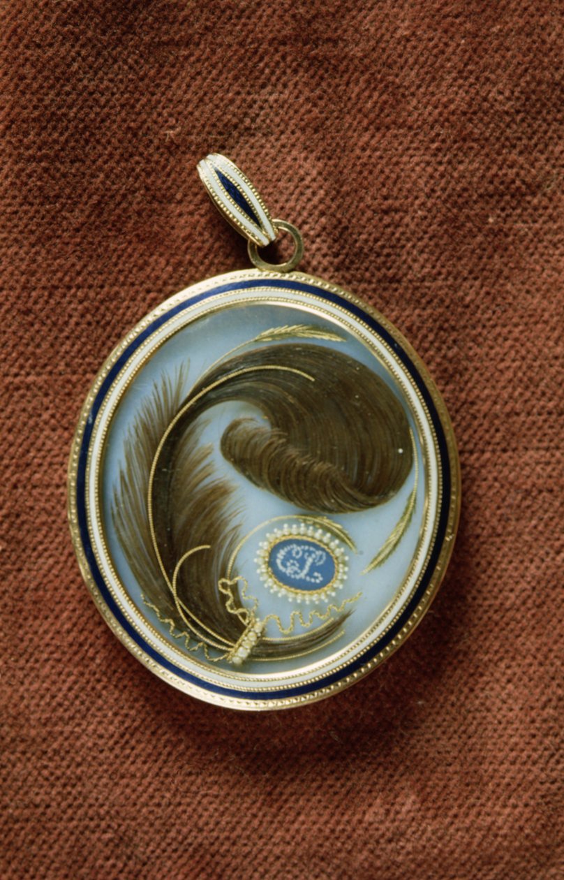 Medaljon med emaljeret med en hårlok med initialerne C. L. af George Engleheart