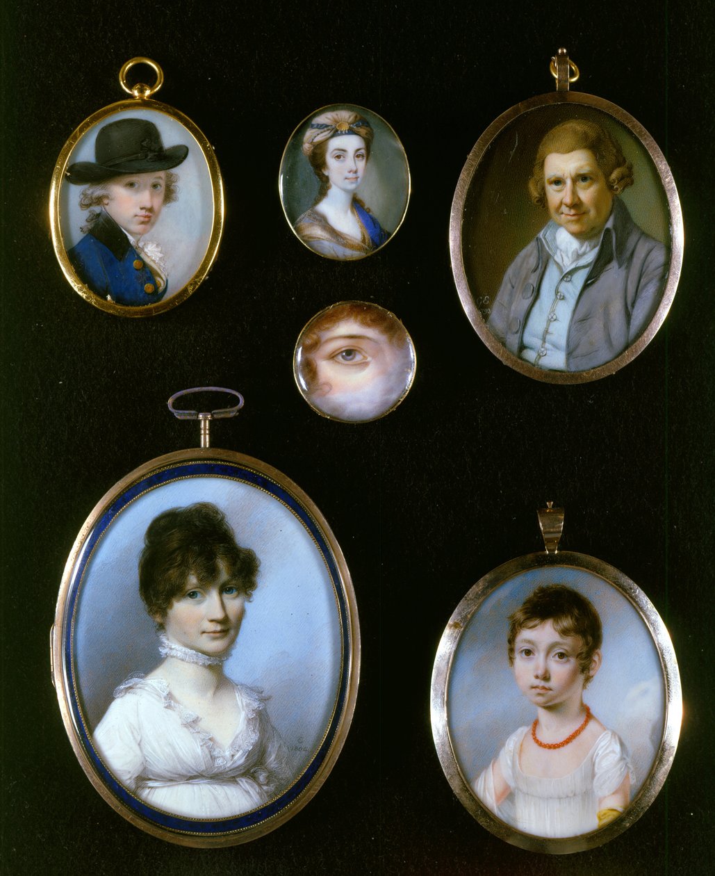 Portrætminiaturer, fra LtoR og TtoB: Sir Thomas Terney; Ukendt kvinde; William Alton; Portræt af et Øje; Ukendt kvinde (1750-1829); Ukendt pige af J.C.D. Engleheart (1784-1862) af George Engleheart