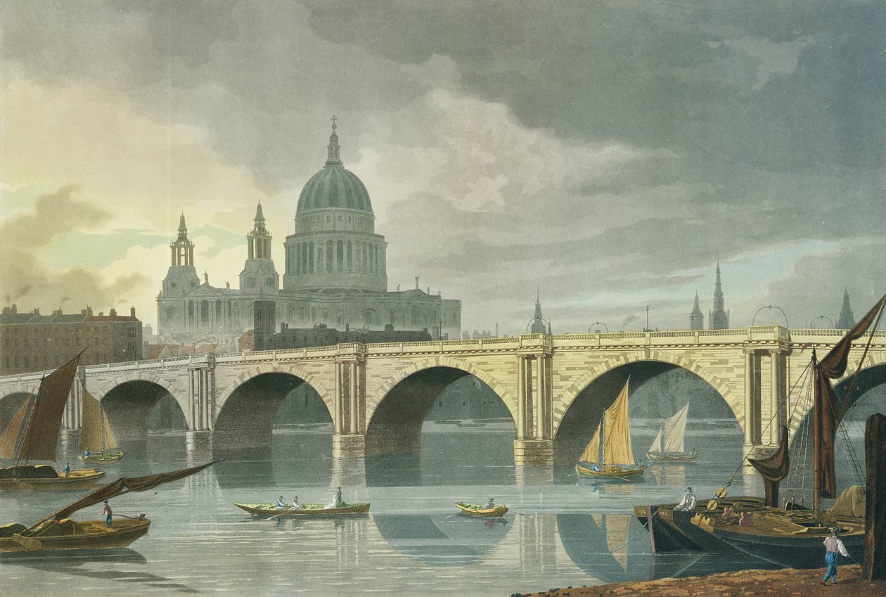 Sydvestudsigt over St Pauls Cathedral og Blackfriars Bridge, 1810 (farvegravering) af George Fennel Robson