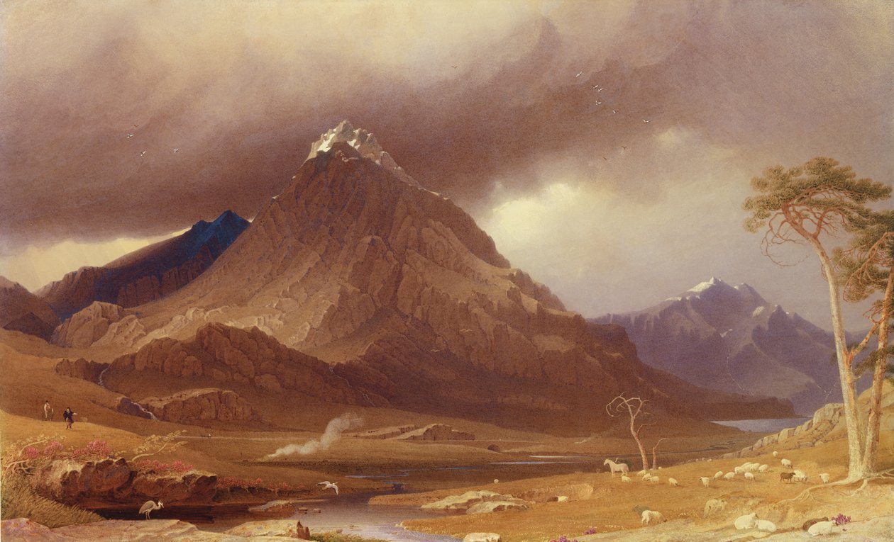 Tryfan, Carnarvonshire (wc forhøjet med hvidt på papir) af George Fennel Robson