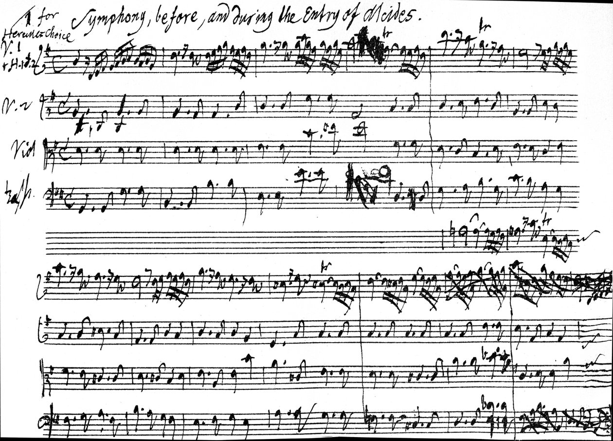 Originalt partitur fra begyndelsen af symfonien, der ledsager Alcides indslag i Tobias Smolletts skuespil 