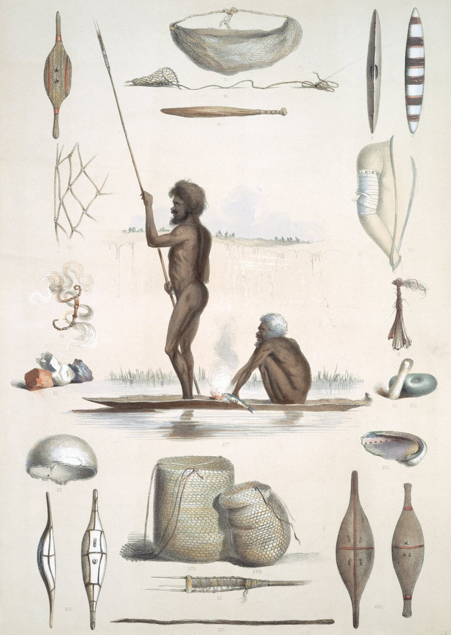 De aboriginale indbyggere: fra "South Australia Illustrated", udgivet i 1847 (håndkoloreret stik) af George French Angas