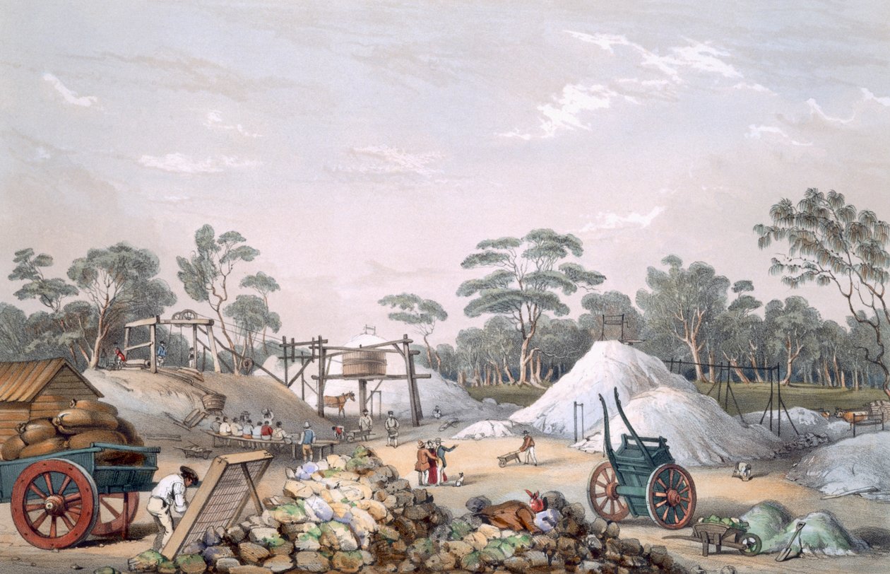 Kapunda Copper Mine, fra "South Australia Illustrated", udgivet i 1847 (håndkoloreret gravering) af George French Angas