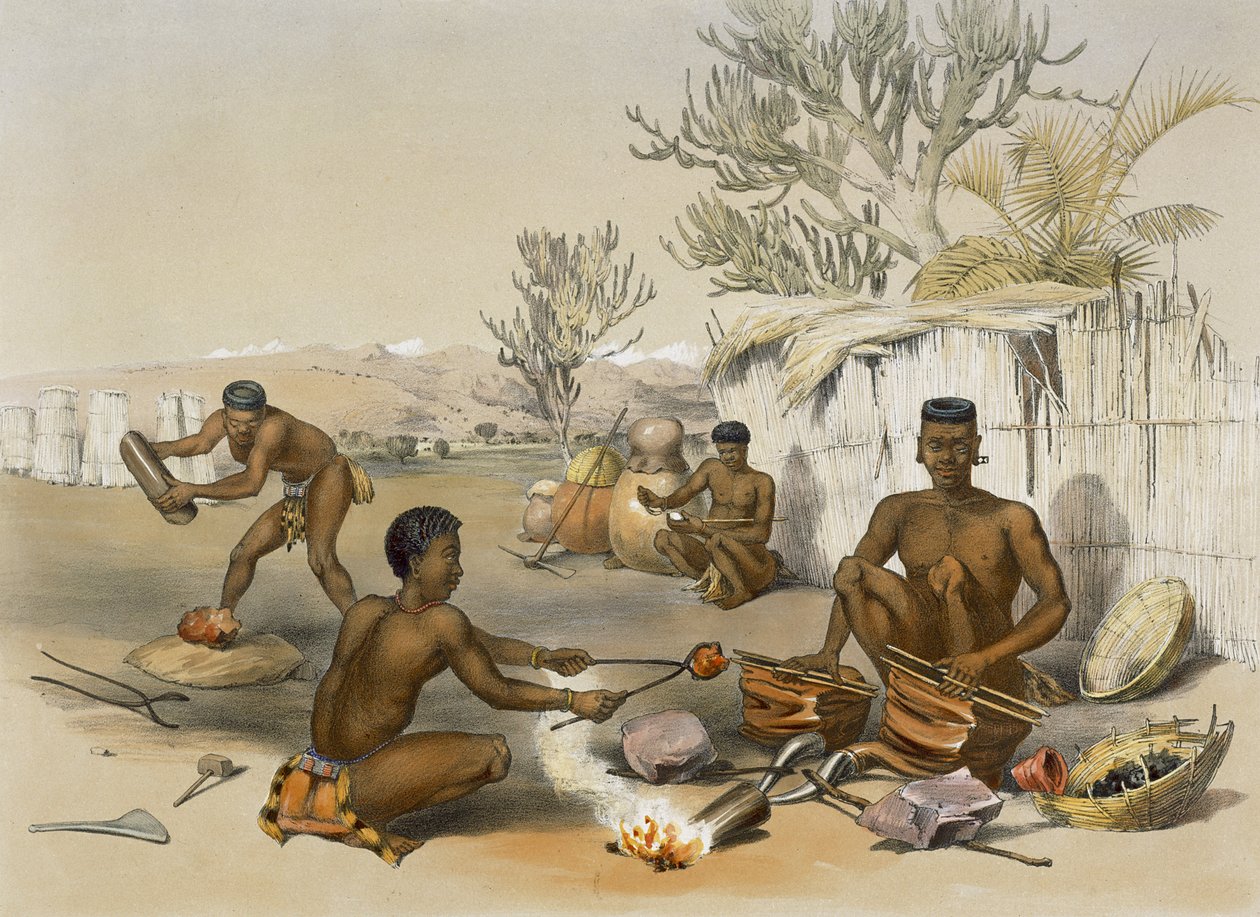 Zulu-smedene i arbejde, planche 23 fra "The Kafirs Illustrated", 1849 af George French Angas