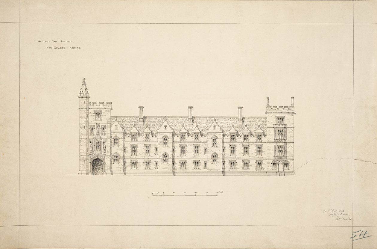 New College Oxford: Proposed New Buildings, 1870-79 (blæk på papir) af George Gilbert Scott