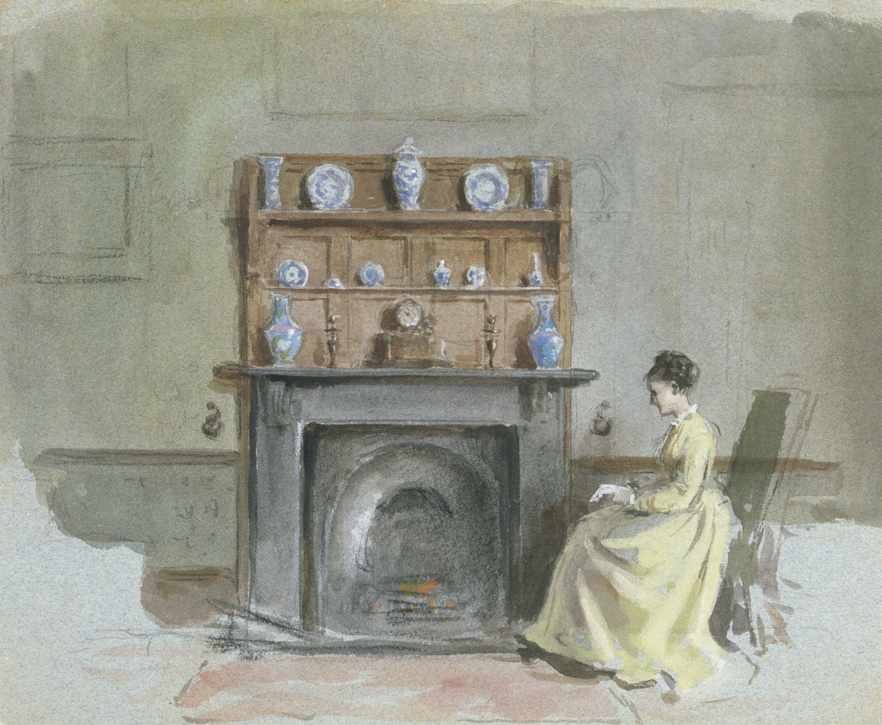 Lady siddende ved pejs af George Goodwin Kilburne