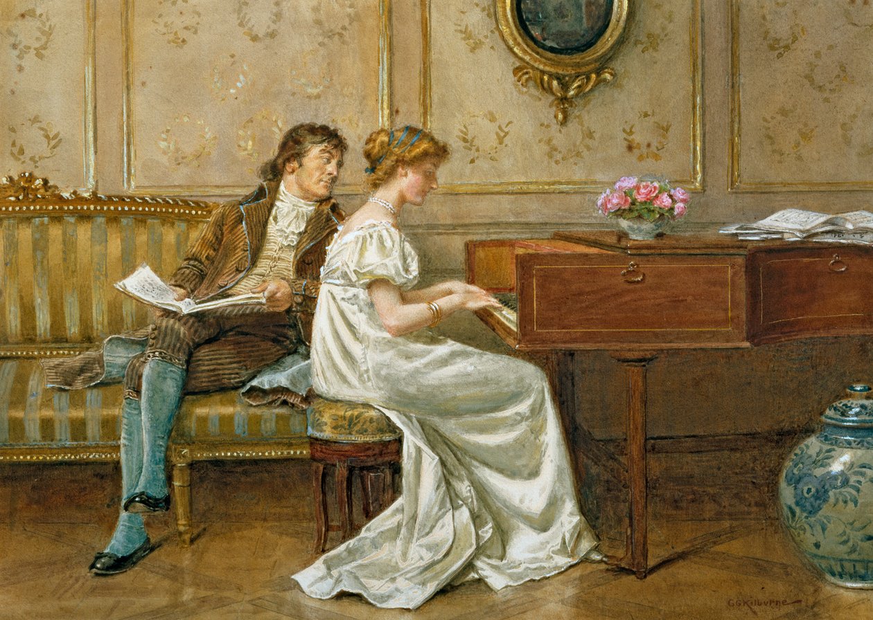 The New Spinet (blyant, wc og gouache på papir) af George Goodwin Kilburne