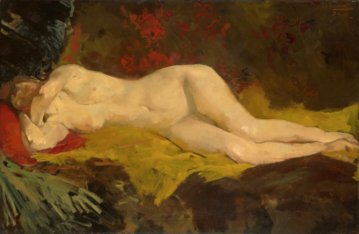 Anne, der ligger nøgen på en gul klud. af George Hendrik Breitner