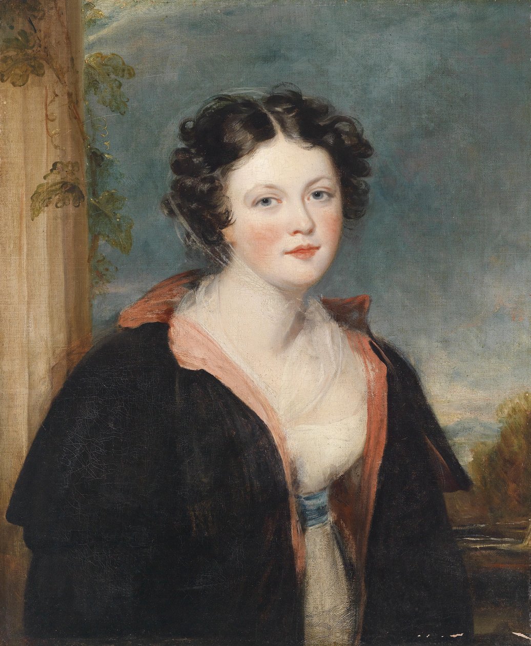 Portræt af en ung dame med en sort kappe af George Henry Harlow