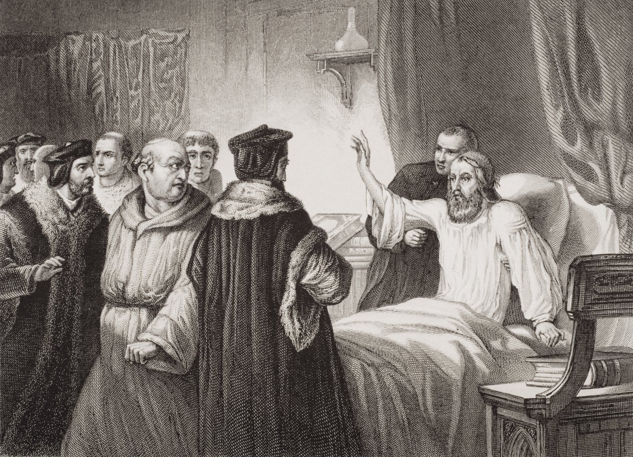 John Wycliffe (ca. 1330-84) på sin sygeleje angrebet af brødrene i Oxford, 1378, fra 