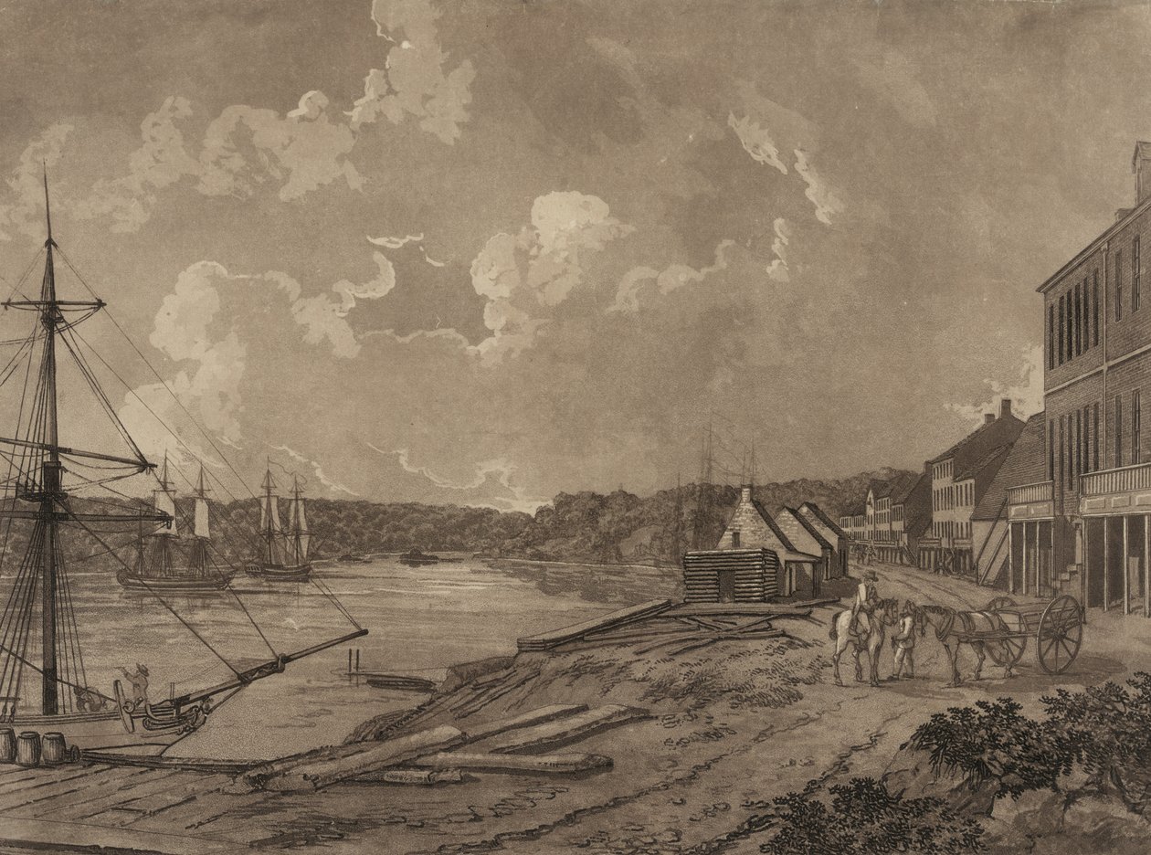 Udsigt over forstæderne til byen Washington (Georgetown havnefront), ca. 1795 (akvatint) af George Isham Parkyns
