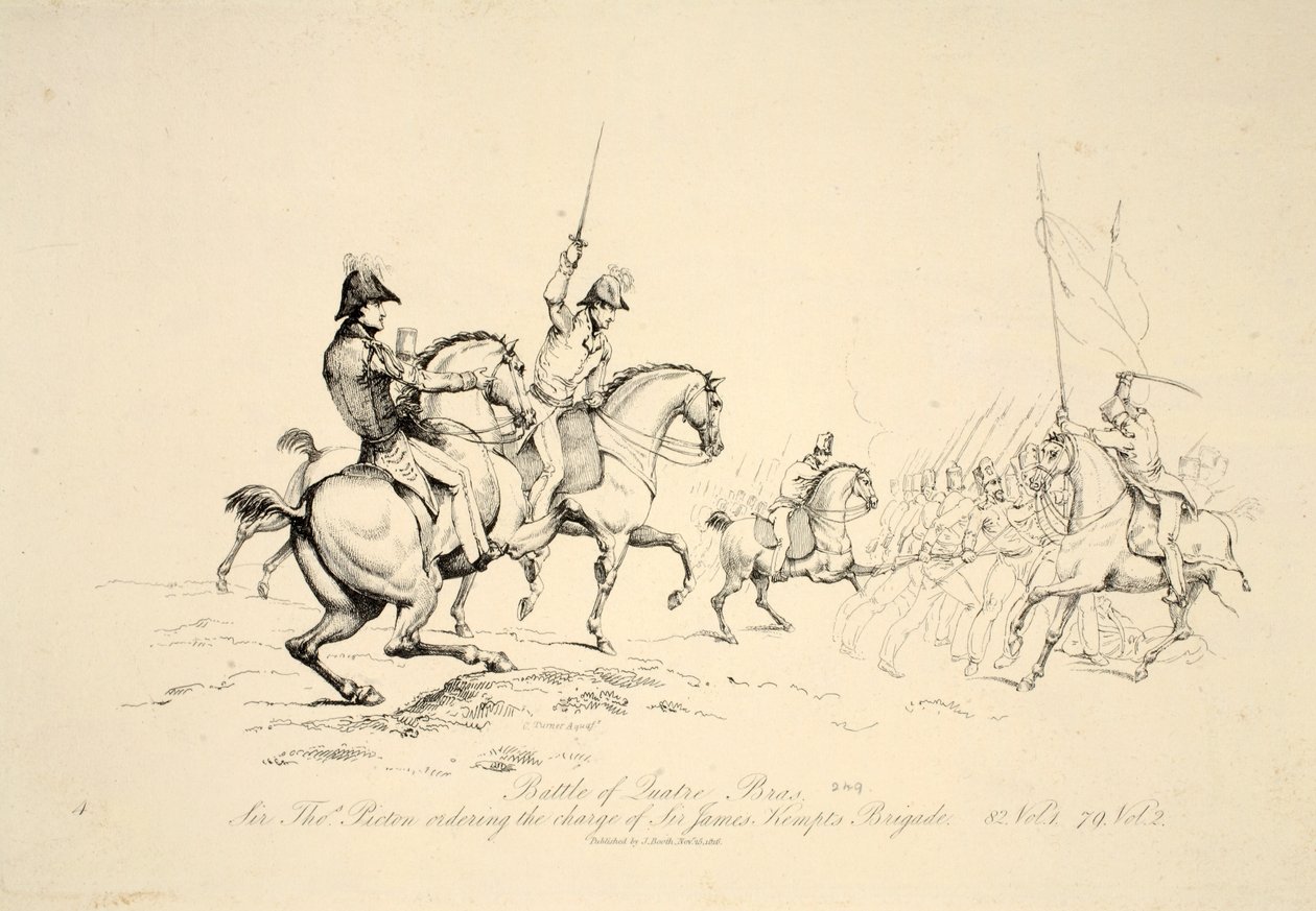 Battle of Quatre Bras: Sir Thomas Picton beordrer Charge of Sir James Kempts Brigade, pub. J. Booth, 1816 af George Jones