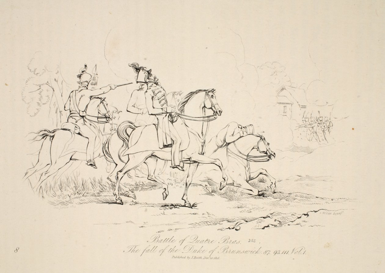 Slaget ved Quatre Bras: The fall of the Duke of Brunswick, pub. J. Booth, 1816 af George Jones