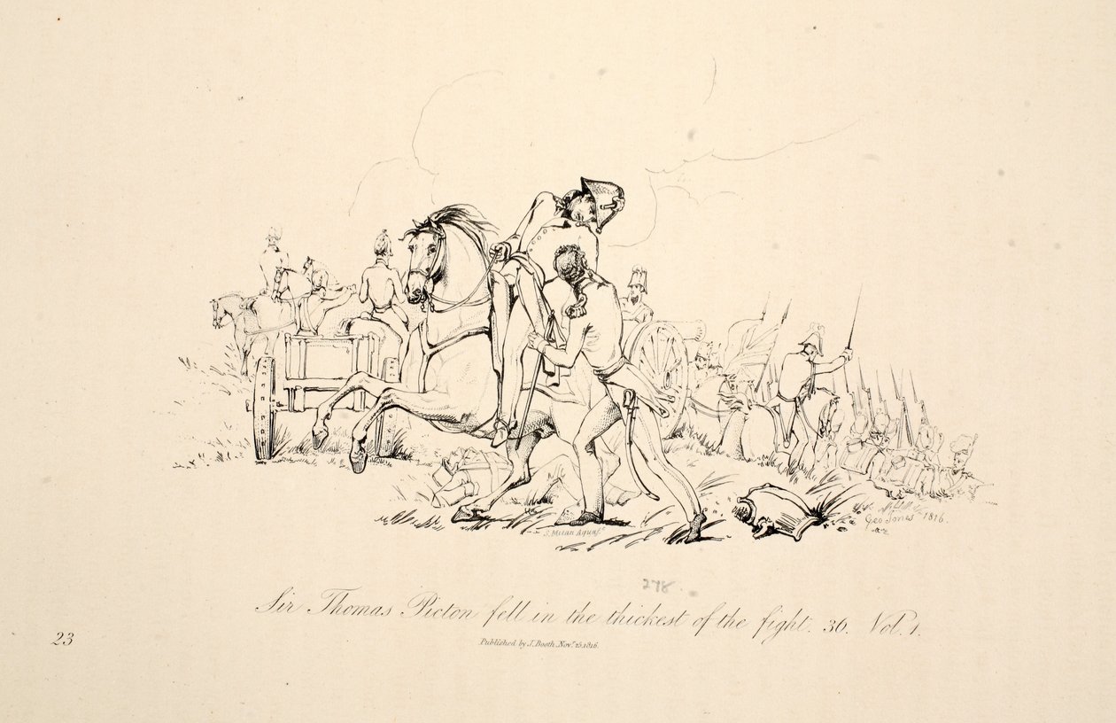 Sir Thomas Picton faldt i kampens krat, pub. J. Booth, 1816 af George Jones