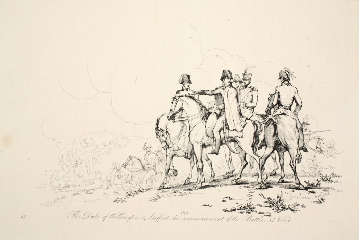 Hertugen af Wellington og Staff ved begyndelsen af slaget, pub. J. Booth, 1816 af George Jones