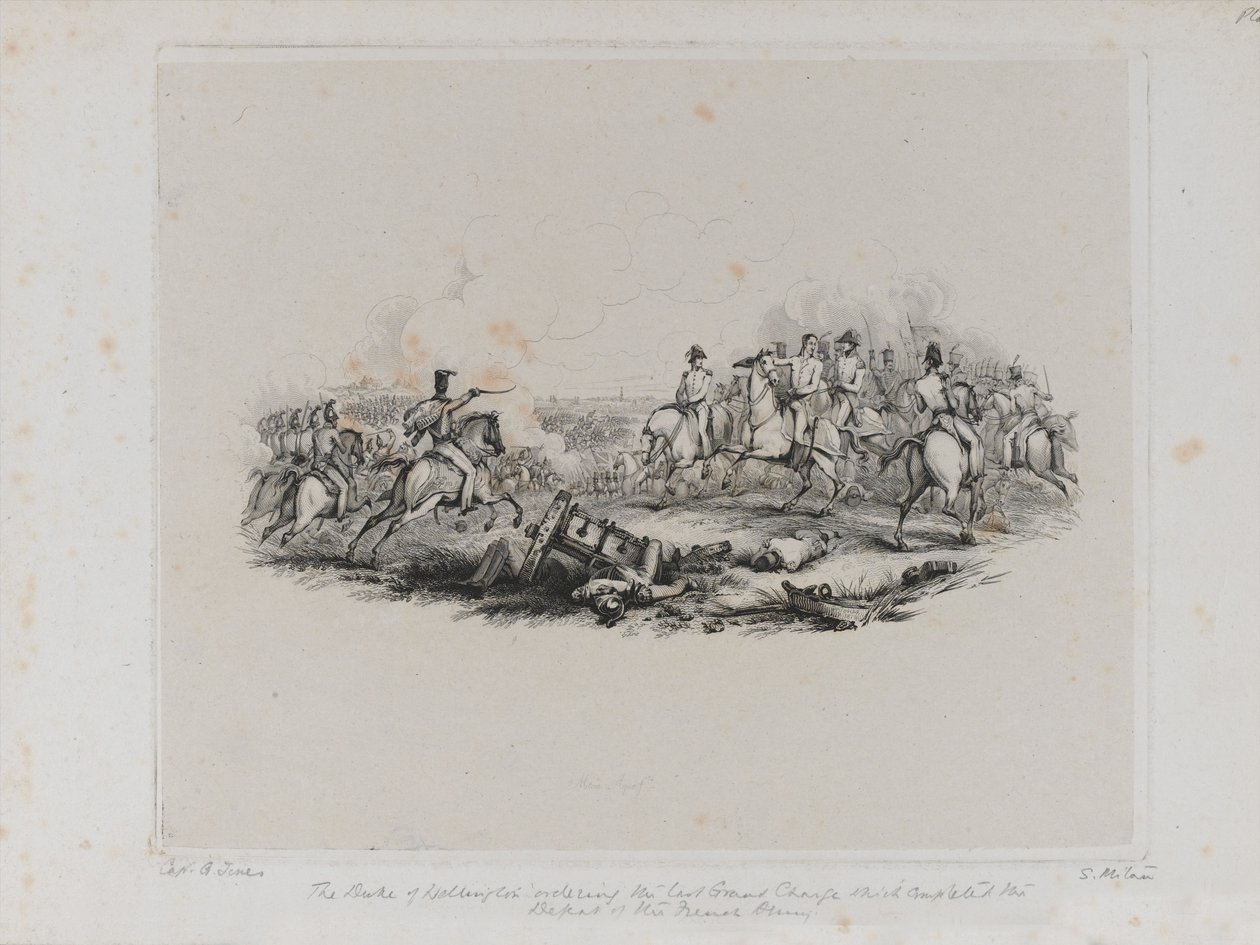 Det mindeværdige slag ved Waterloo - Hertugen af Wellington beordrede den sidste store angreb, som fuldendte den franske hærs nederlag, gravering af Samuel Mitan, 1817 af George Jones