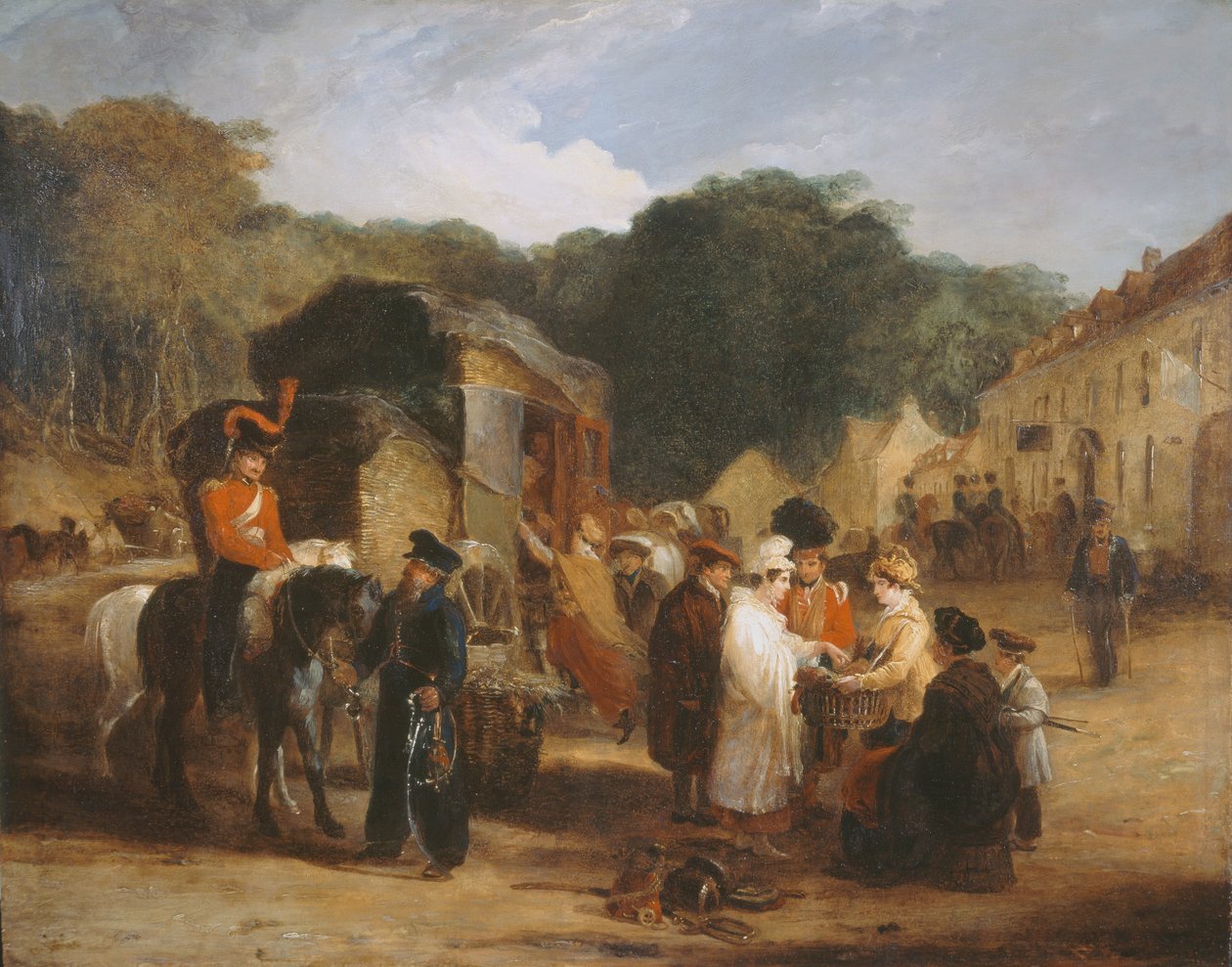 Landsbyen Waterloo med rejsende, der køber de relikvier, der blev fundet på slagmarken, 1815, ca. 1821 af George Jones