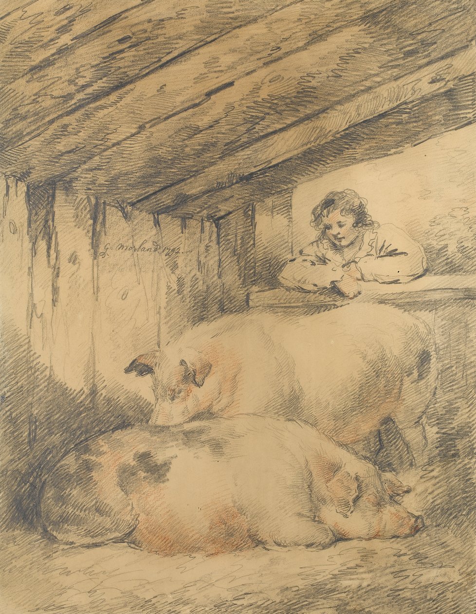 Svinestien, 1792 (blyant med rødt og hvidt kridt på papir) af George Morland