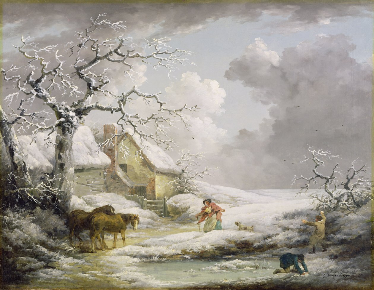 Vinterlandskab med mænd, der snedriver en gammel kvinde med snebold, 1790 af George Morland