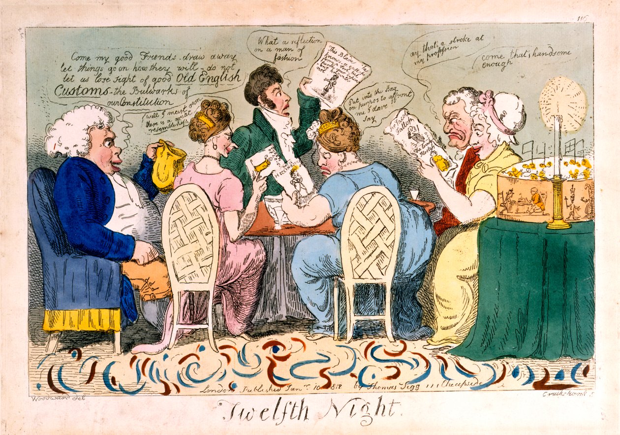 Twelfth Night, radering af Isaac Cruikshank (1764–1811), trykt af Thomas Tegg (1776–1845), 1819 (håndfarvet radering) af George Moutard Woodward