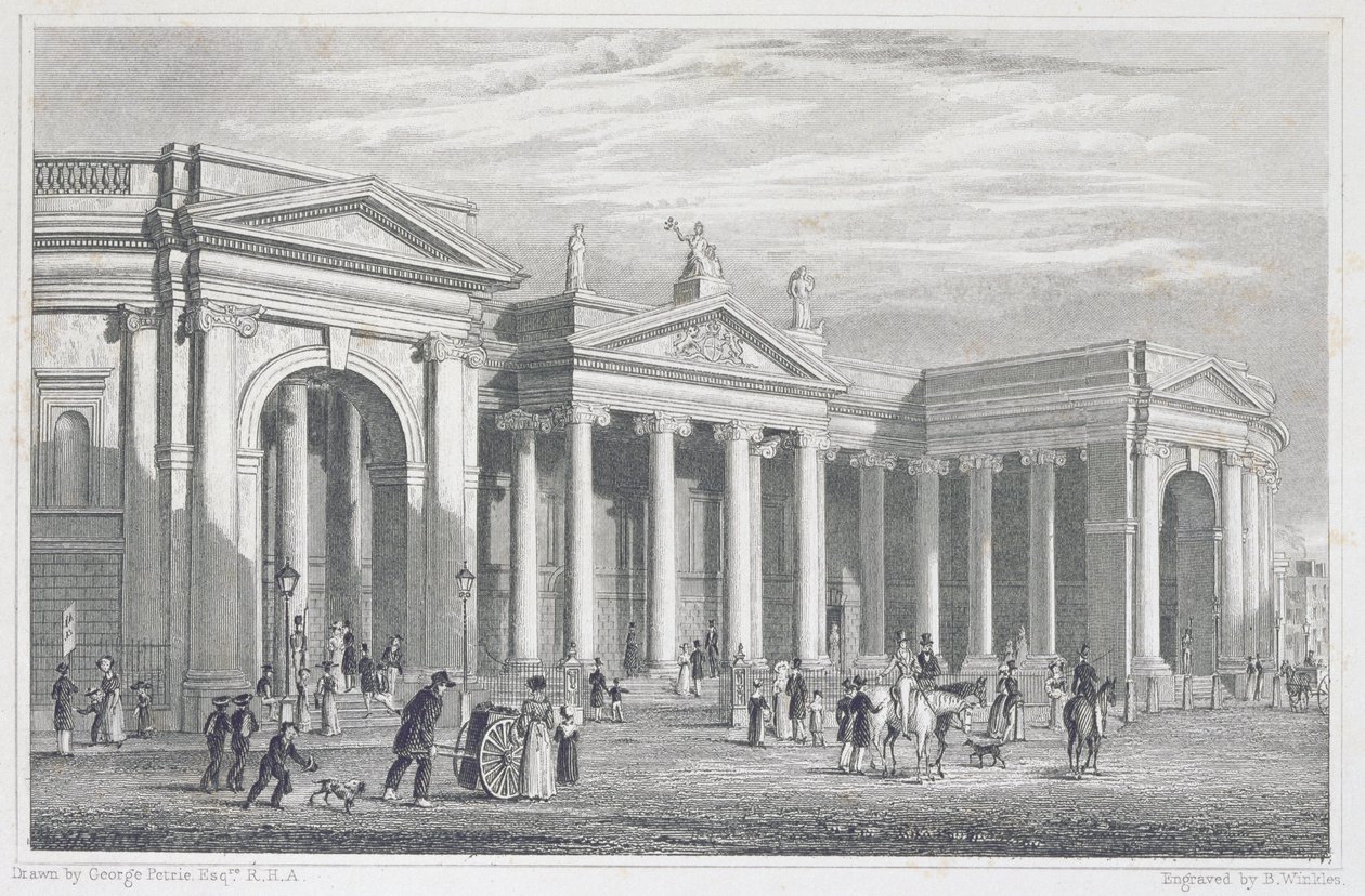 Den sydlige søjlegang på Bank of Ireland, Dublin, oprindeligt Parliament House, graveret af B. Winkles af George Petrie