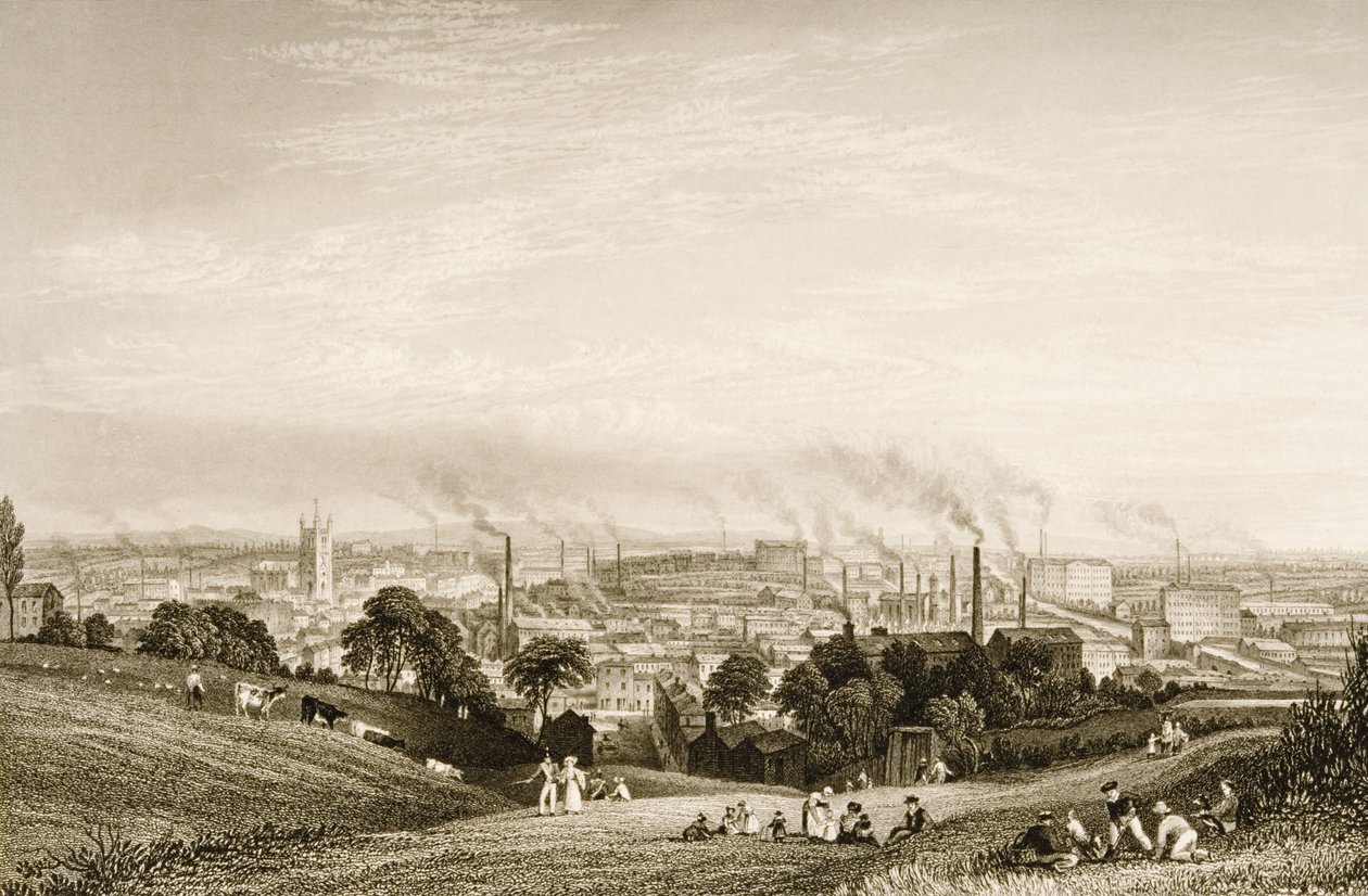 Generelt billede af Stockport, Lancashire, med bomuldsfabrikker, udgivet af J.C. Varrall (fl.1815-27) 1830