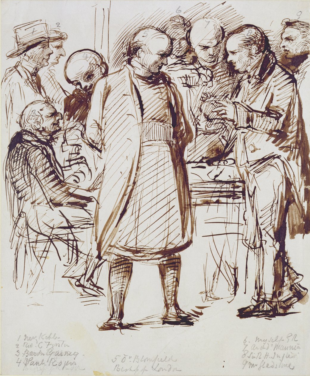 En gruppe af kirkemænd og politikere, herunder John Keble (1792-1866) og William Gladstone (1809-98) i samtale med biskoppen af London på Fulham Palace (pen, brun blæk og stub) af George Richmond