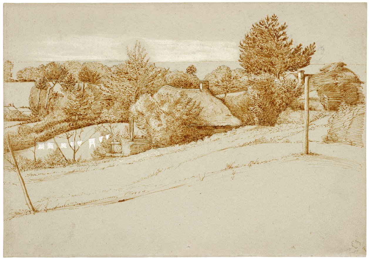 Et skovklædt landskab med et sommerhus af George Richmond