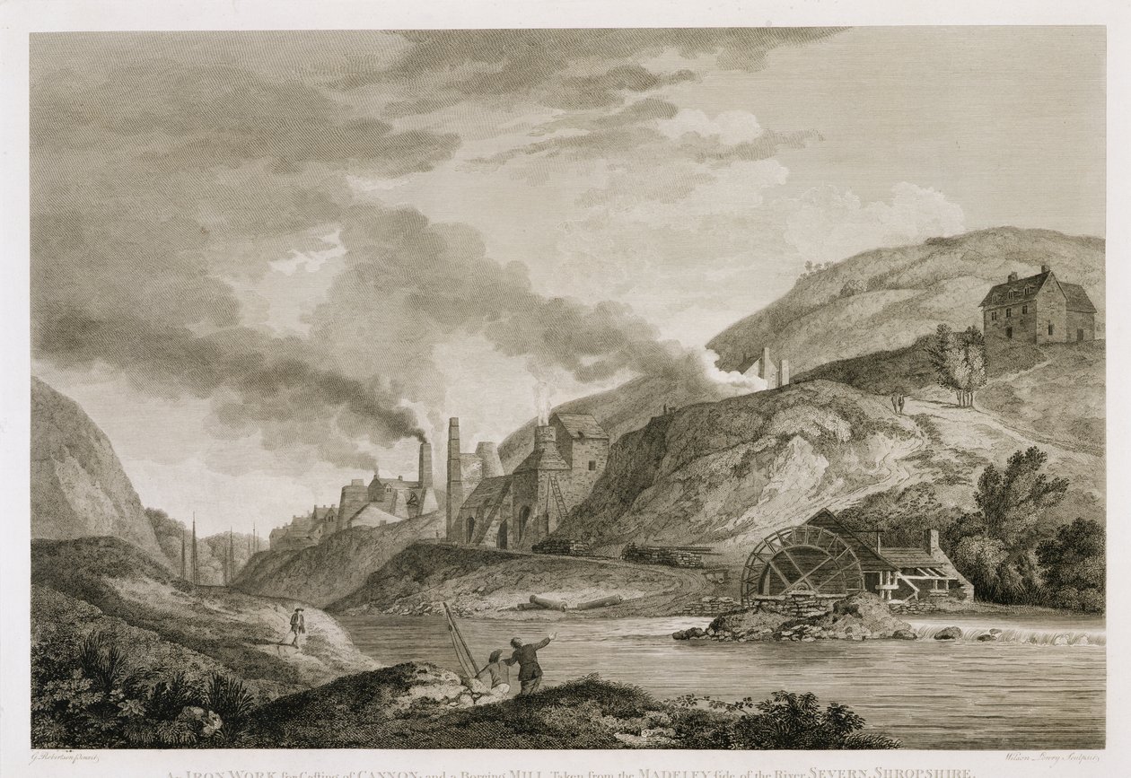 Et jernværk til støbning af kanoner og en kedelig mølle taget fra Madeley-siden af floden Severn, Shropshire, indgraveret af Wilson Lowry (1762-1824) 1788 af George Edward Robertson