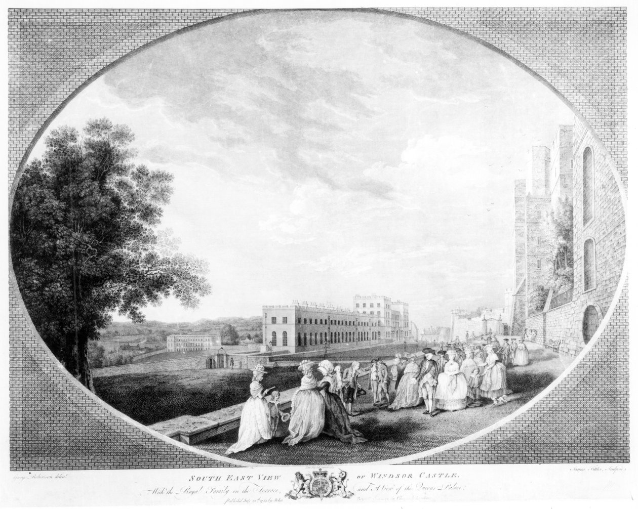 Sydøst udsigt over Windsor Castle, med den kongelige familie på terrassen og udsigt til dronningens palads, indgraveret af James Fittler, 1783 af George Edward Robertson