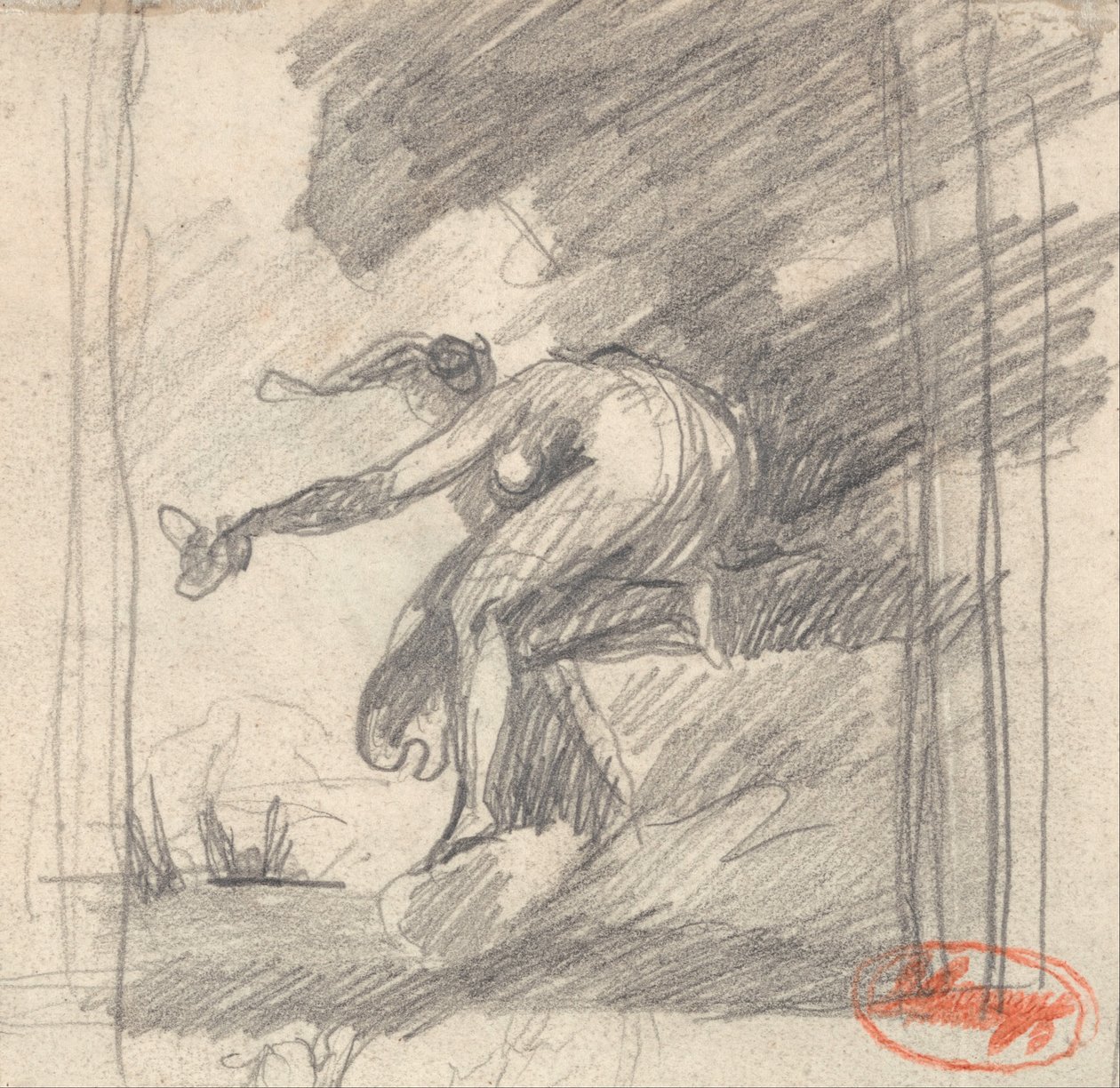 Kvindefigur, der knæler på et forbjerg, vinker af George Romney