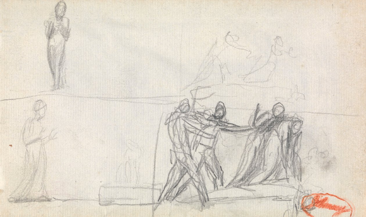 Gruppescene og to skitser af en stående figur af George Romney