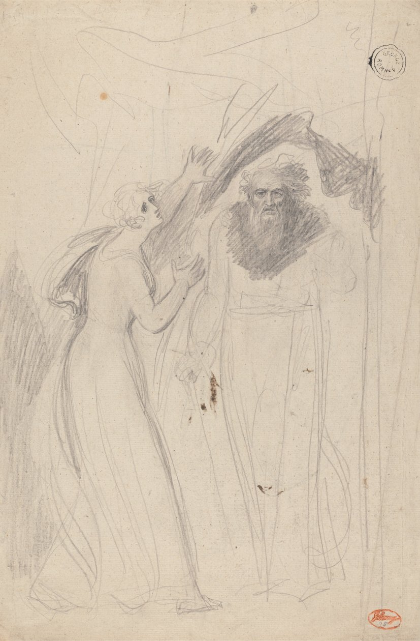 Dame, der står ved en søjle af George Romney