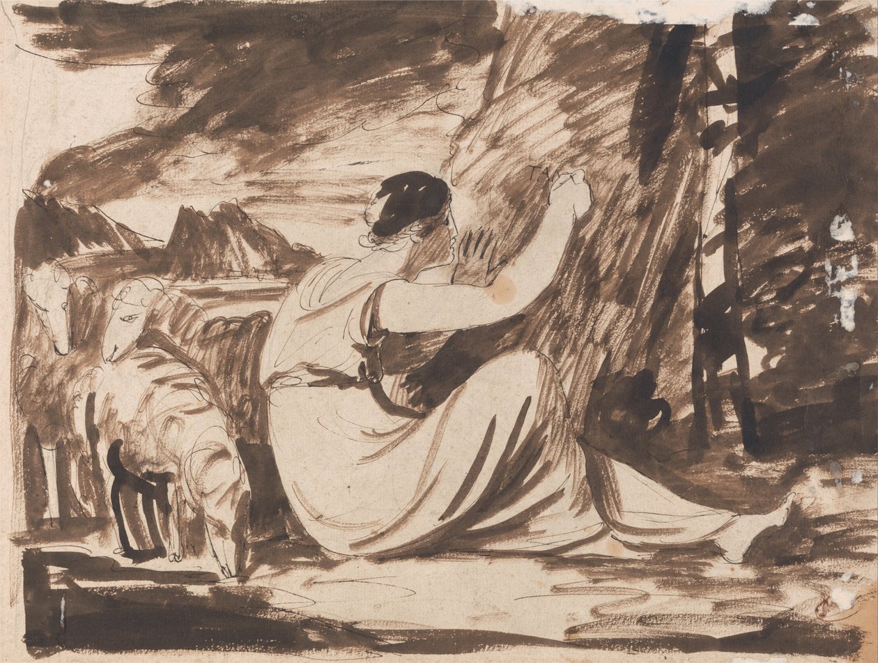 Hyrdinde, der klipper en indskrift på et træ af George Romney
