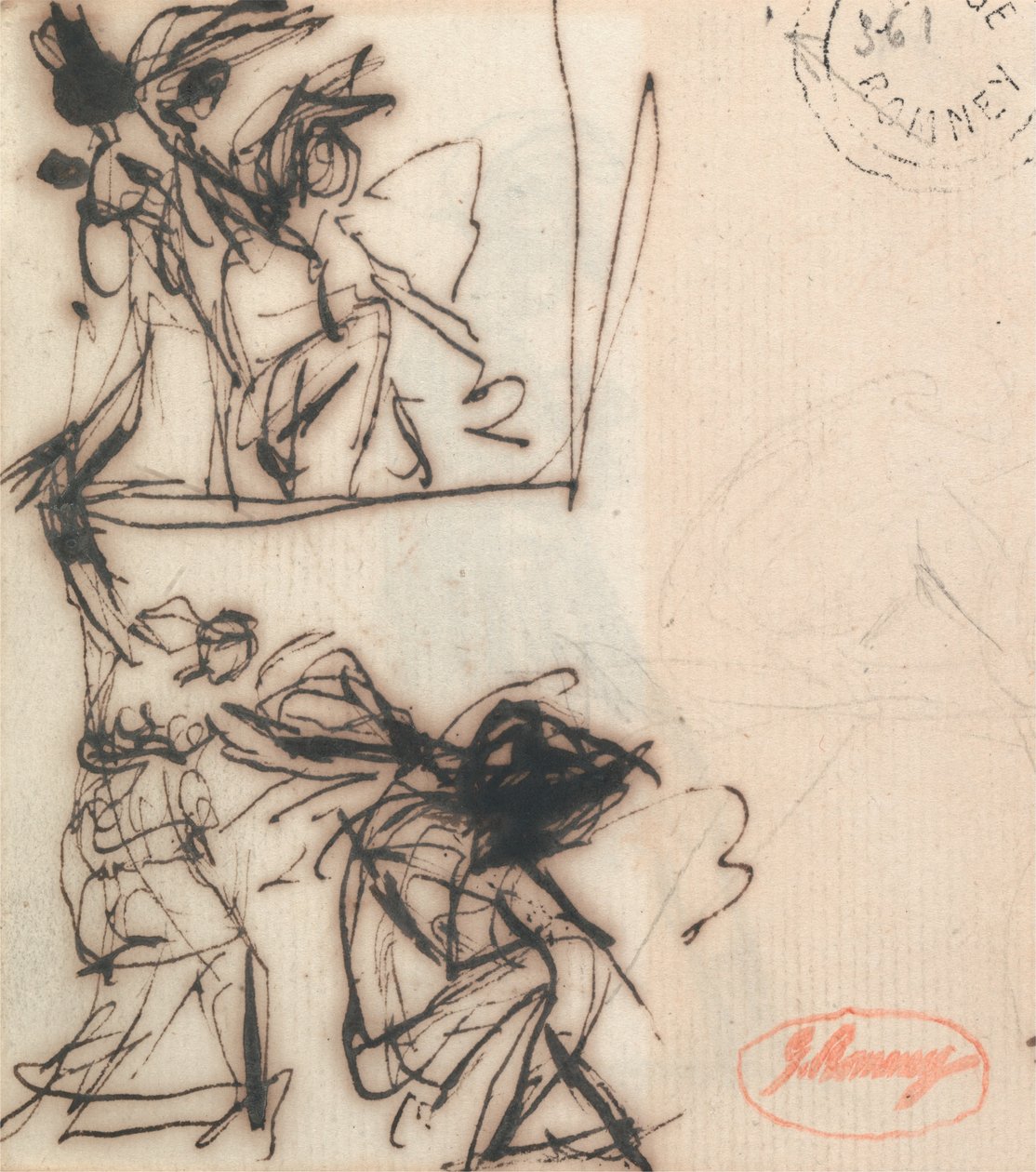 Stående figur med løftet arm og siddende figur af George Romney