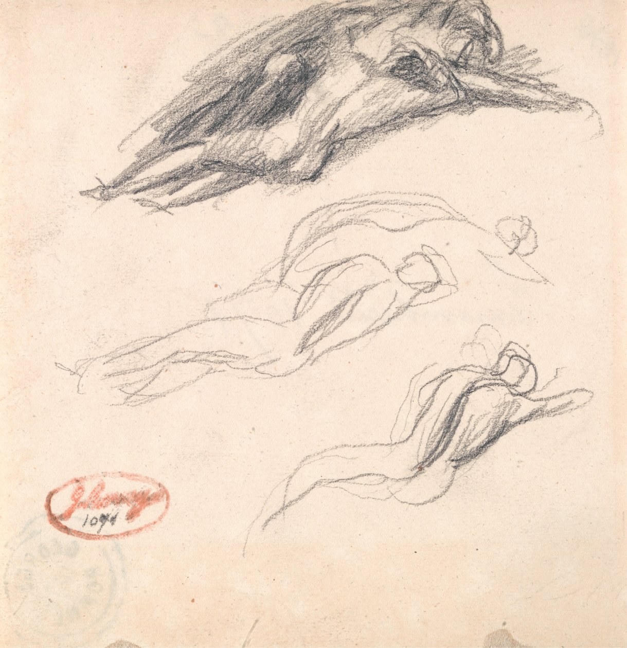 Tre skitser af en figur i søvn, sandsynligvis Adam og Eva af George Romney