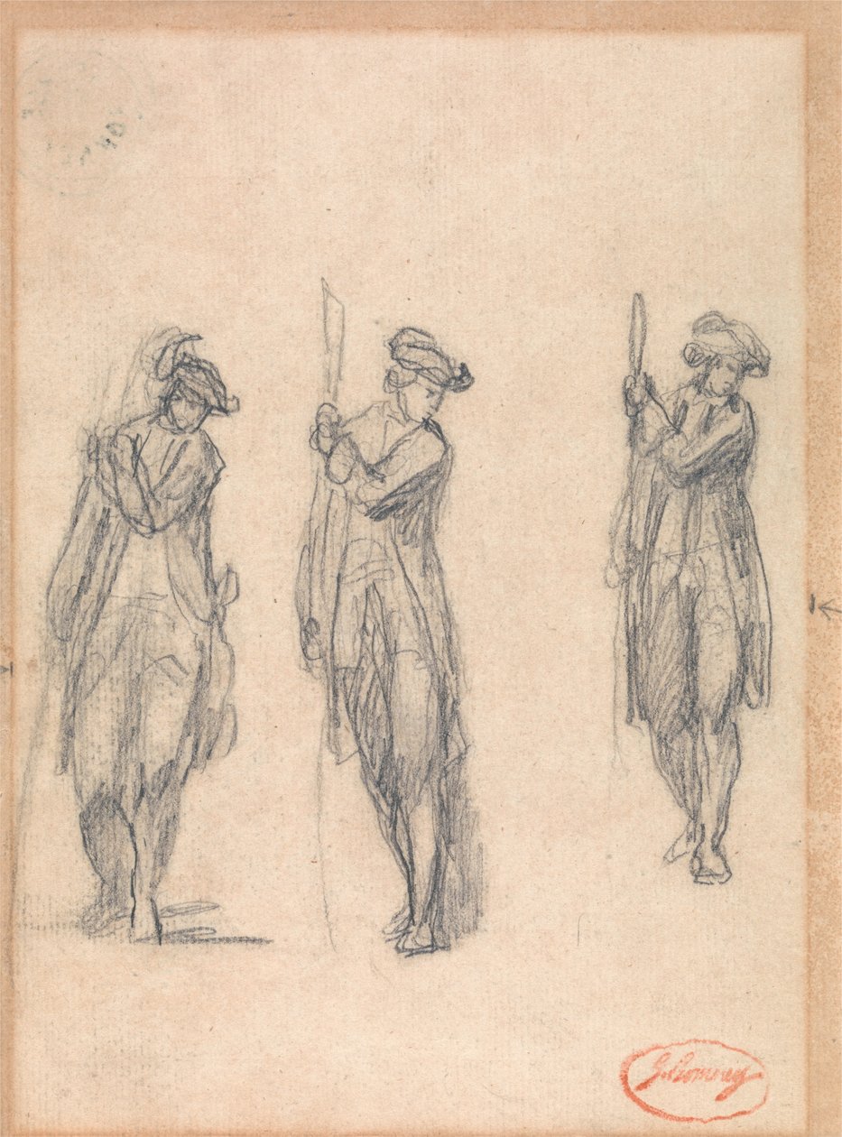 Tre skitser af en mand i uniform af George Romney