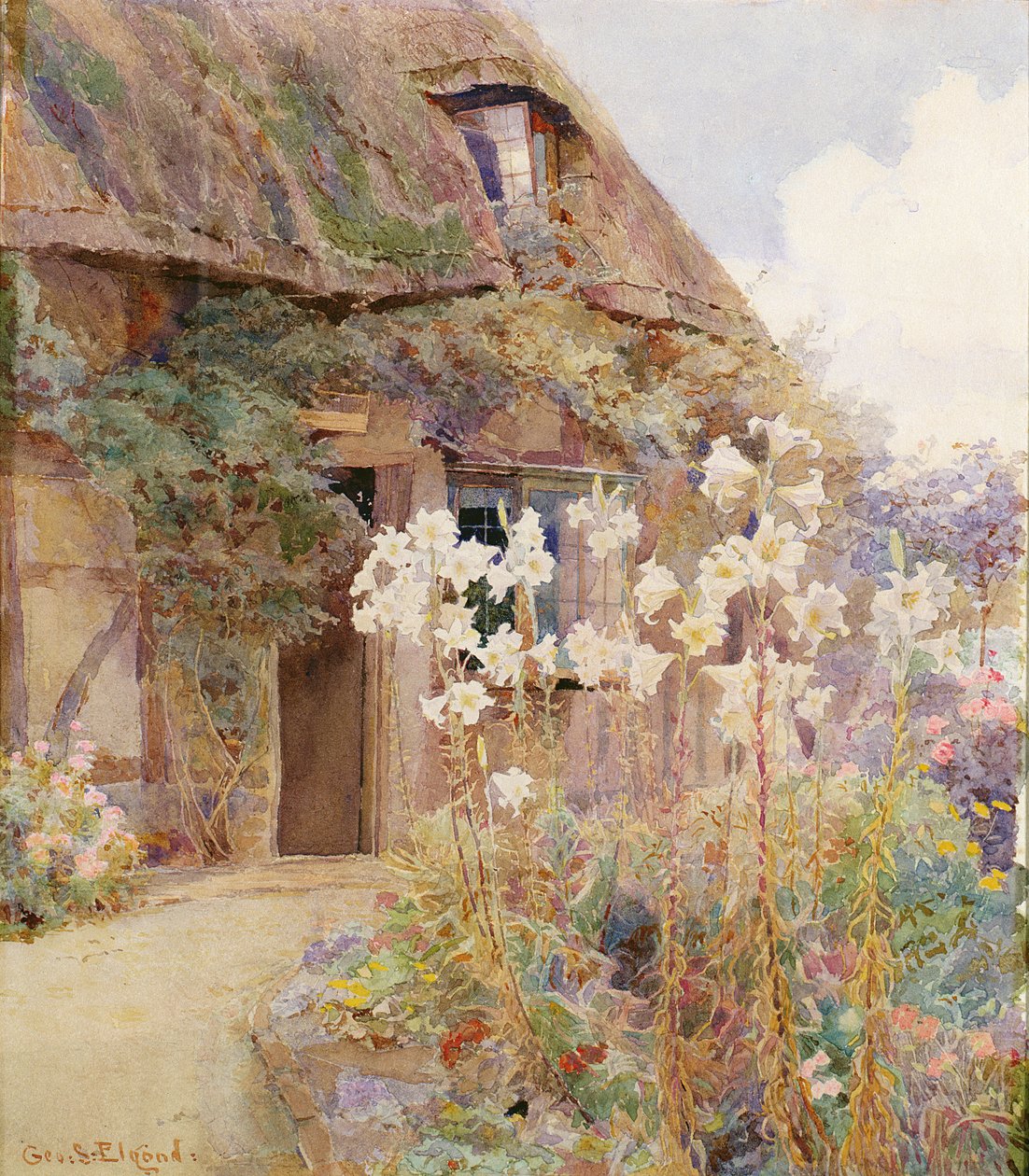 En Cottage Garden med Madonna Lilies af George Samuel Elgood