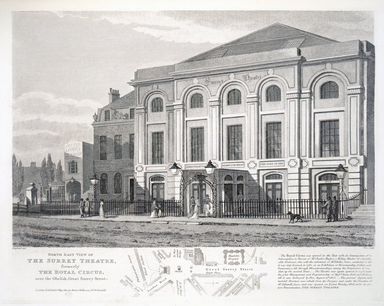 North East View af Surrey Theatre, tidligere The Royal Circus, nær Obelisken, Great Surrey Street, indgraveret af William Wise (fl.1790-1818), pub. af Robert Wilkinson, London af George Shepherd