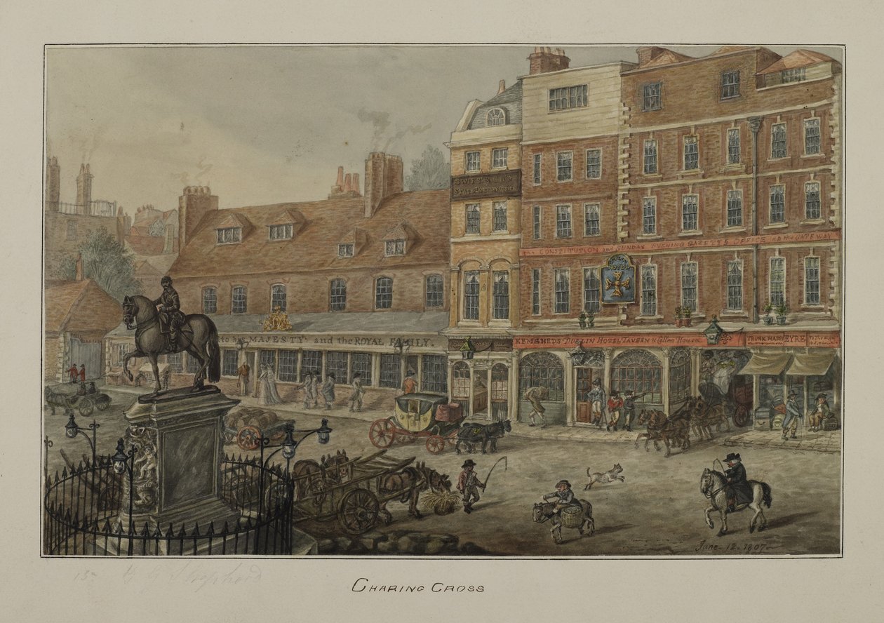 Udsigt over Charing Cross, der viser hestetrukne køretøjer, figurer og Dublin Hotel Tavern and Coffee House, 1807 (wc på papir) af George Shepherd