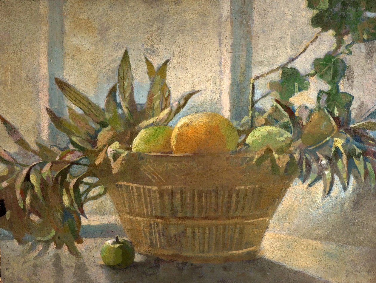 Frugt og blade i en kurv (tempera på træ) af George Sheringham
