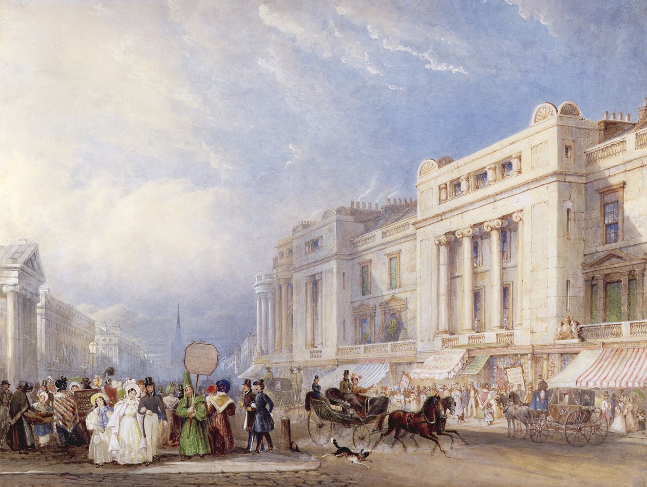Regent Street, London, ser mod nord, med Dickins og Jones til højre, og Hanover Chapel til venstre, 1835 (wc und gouache over blyant) af George Shepherd