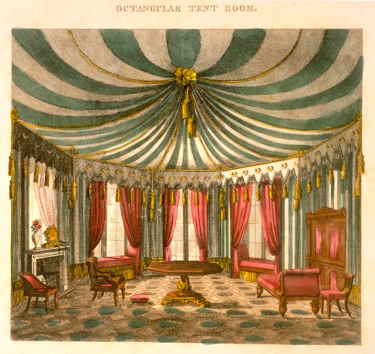 Oktangulært teltrum, fra snedker- og polstringsvejledning, er en komplet tegnebog, Pub Jones und Co, Smith, George (1783-1869), 1826, farvet gravering af George Smith