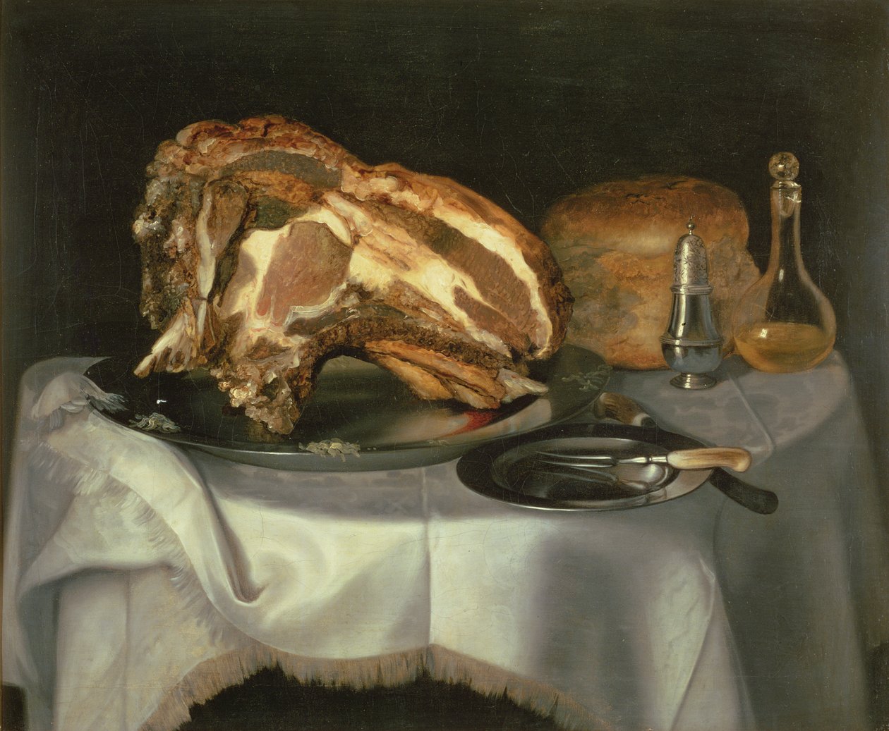 Stilleben med oksekød på et tinfad, ca. 1750-60 af George Smith