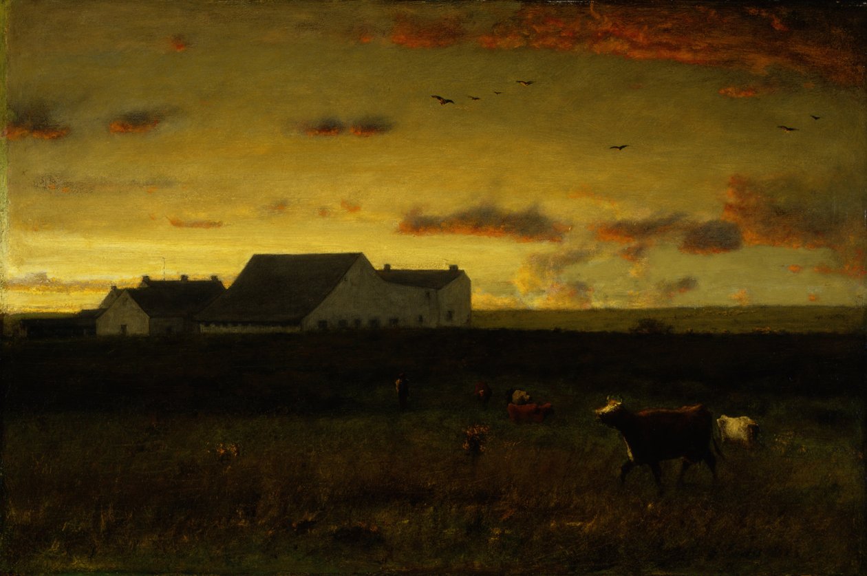 Gårdlandskab, kvæg på græs, solnedgang, Nantucket, ca. 1883 af George Inness