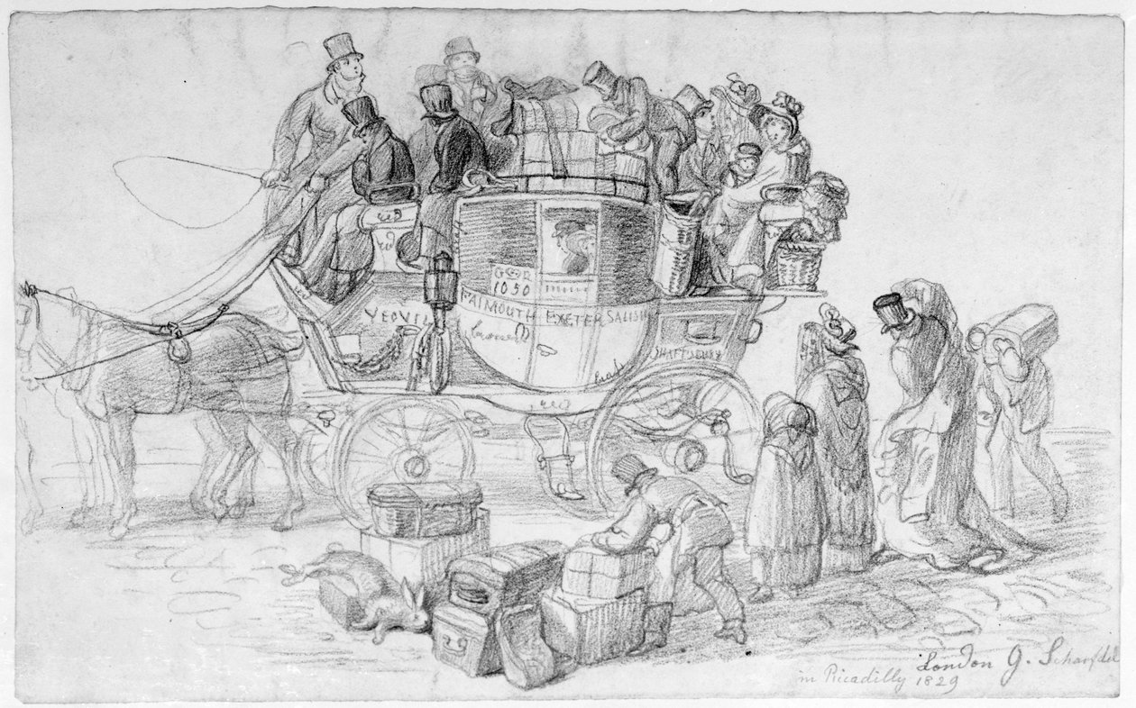 En postbus fra West Country forlader Piccadilly, 1829 af George Snr Scharf