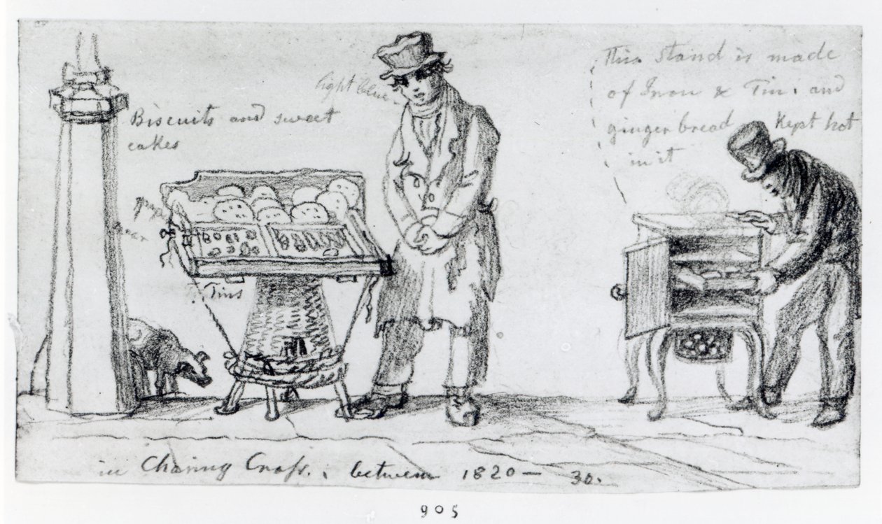 Biscuit- og honningkageboder ved Charing Cross, 1820-30 af George Snr Scharf