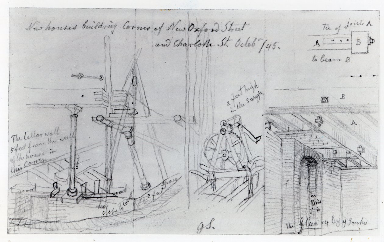 Bygger nye huse på hjørnet af New Oxford Street og Charlotte Street, 1845 af George Snr Scharf