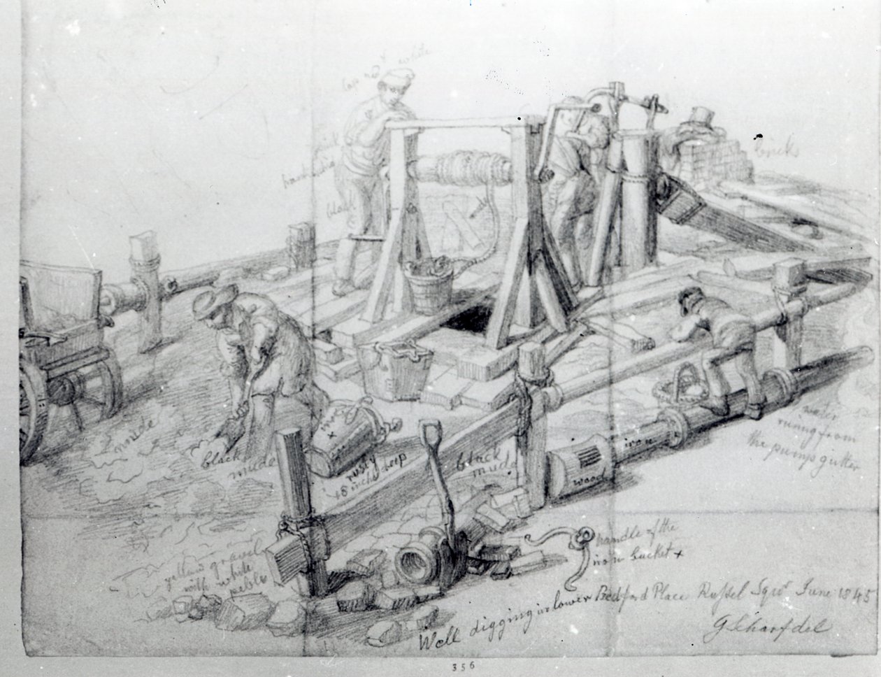 Graver en brønd i Lower Bedford Place, London, 1845 af George Snr Scharf