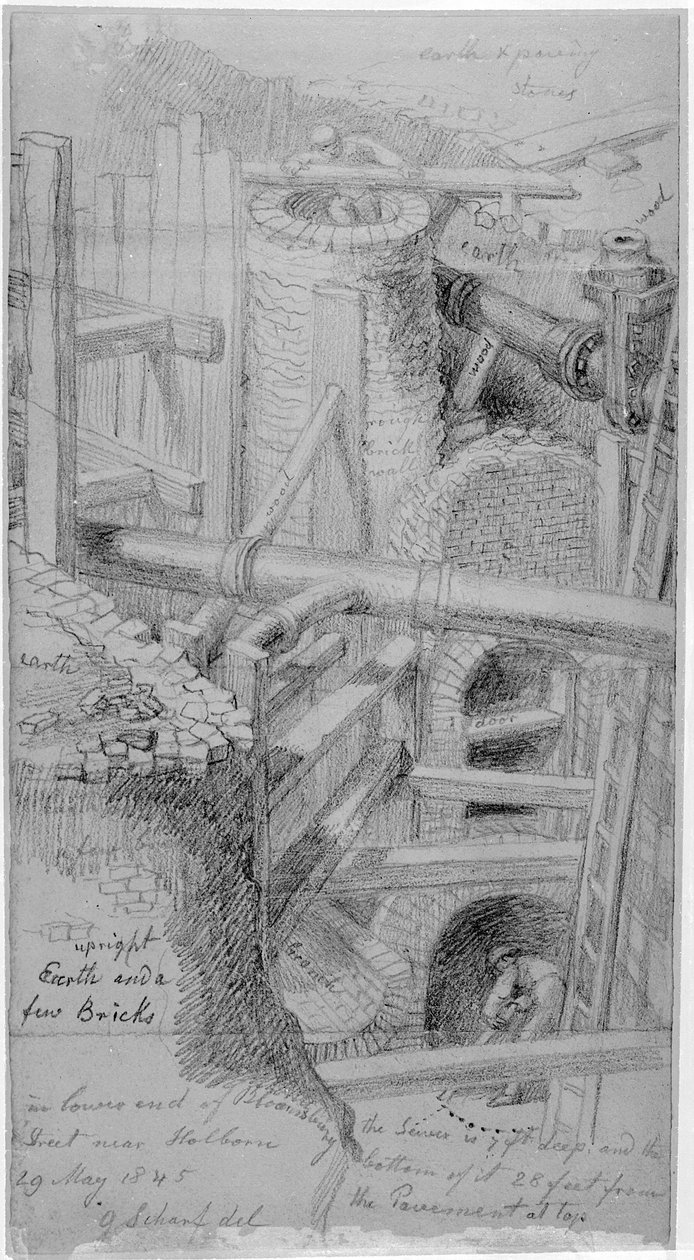 Kloakbyggeri i Bloomsbury, London, 1845 af George Snr Scharf
